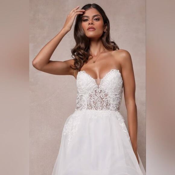 Lulus Mine, All Mine White Embroidered Organza Strapless A-Line Gown Size Medium - Picture 2 of 12